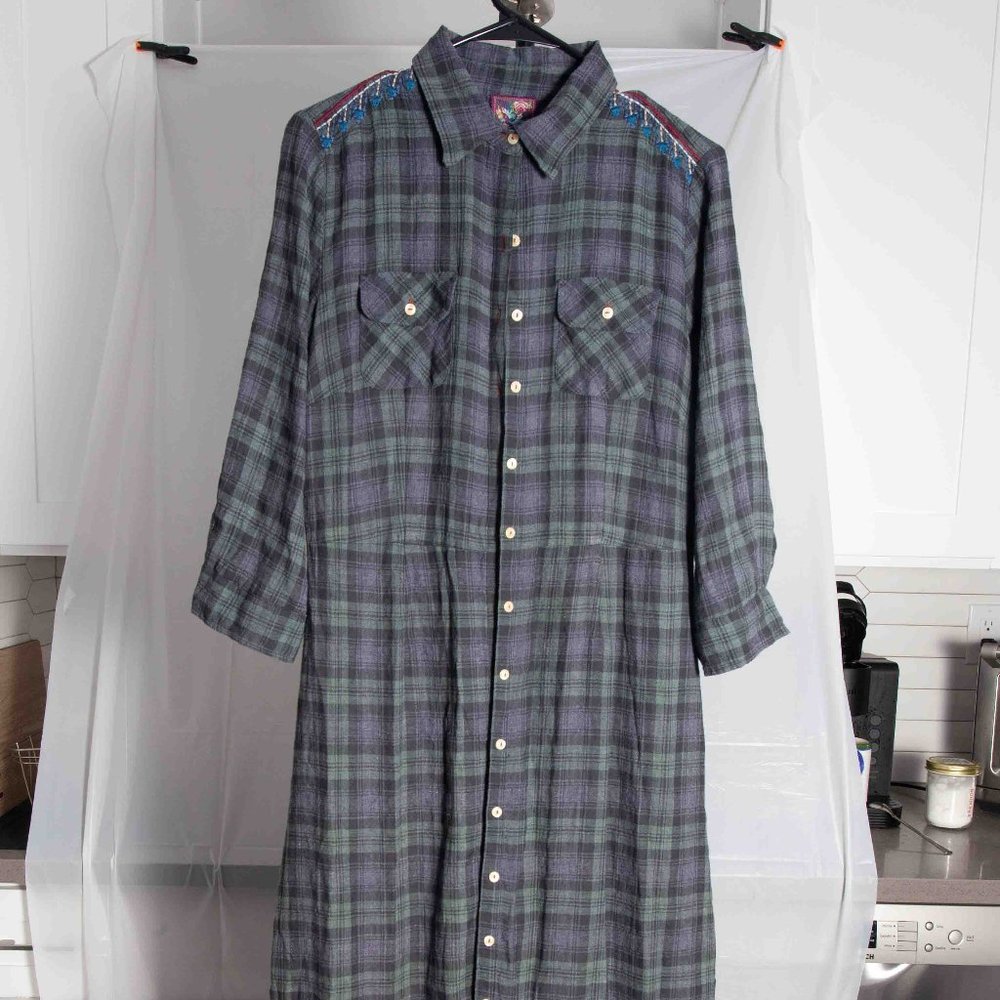 Johnny Was Plaid Dress with Embroidered Accents